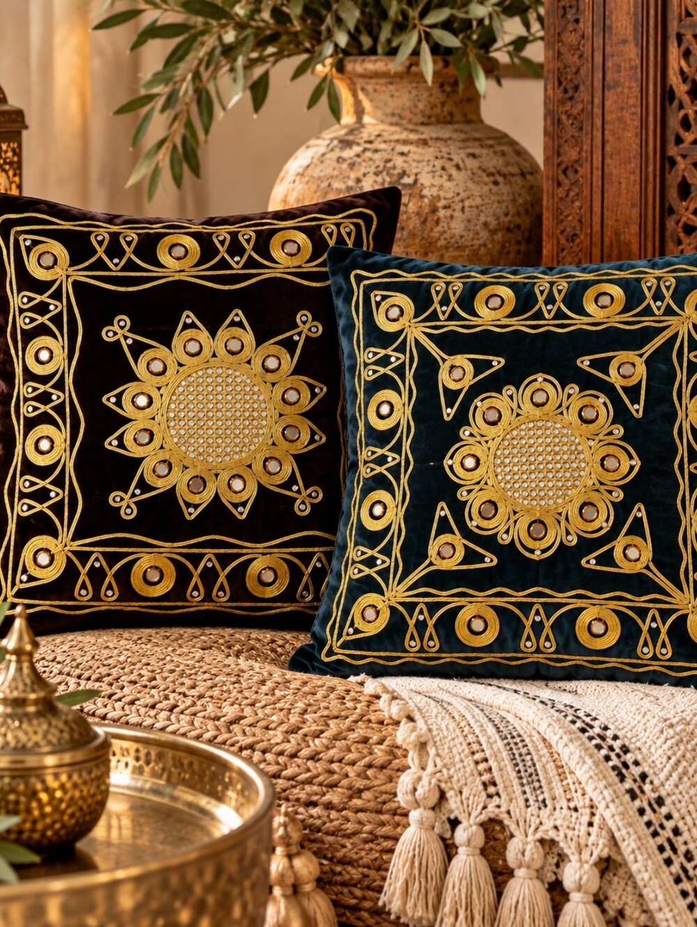 Vintage Velvet Embroidered Pillow Cover Set of 2 Gold Soutache Mirror Work 17x17